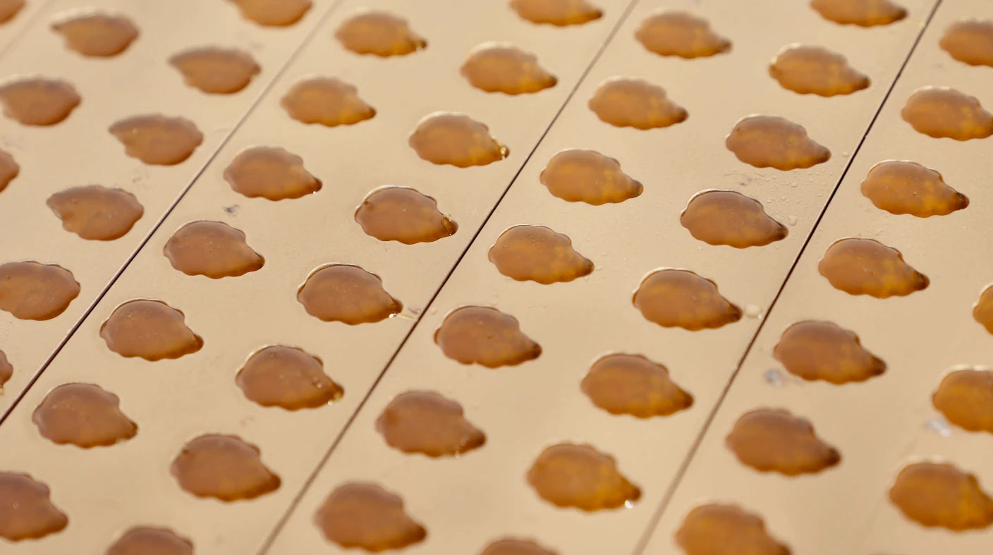 A production batch of shaped gummies in metal molds