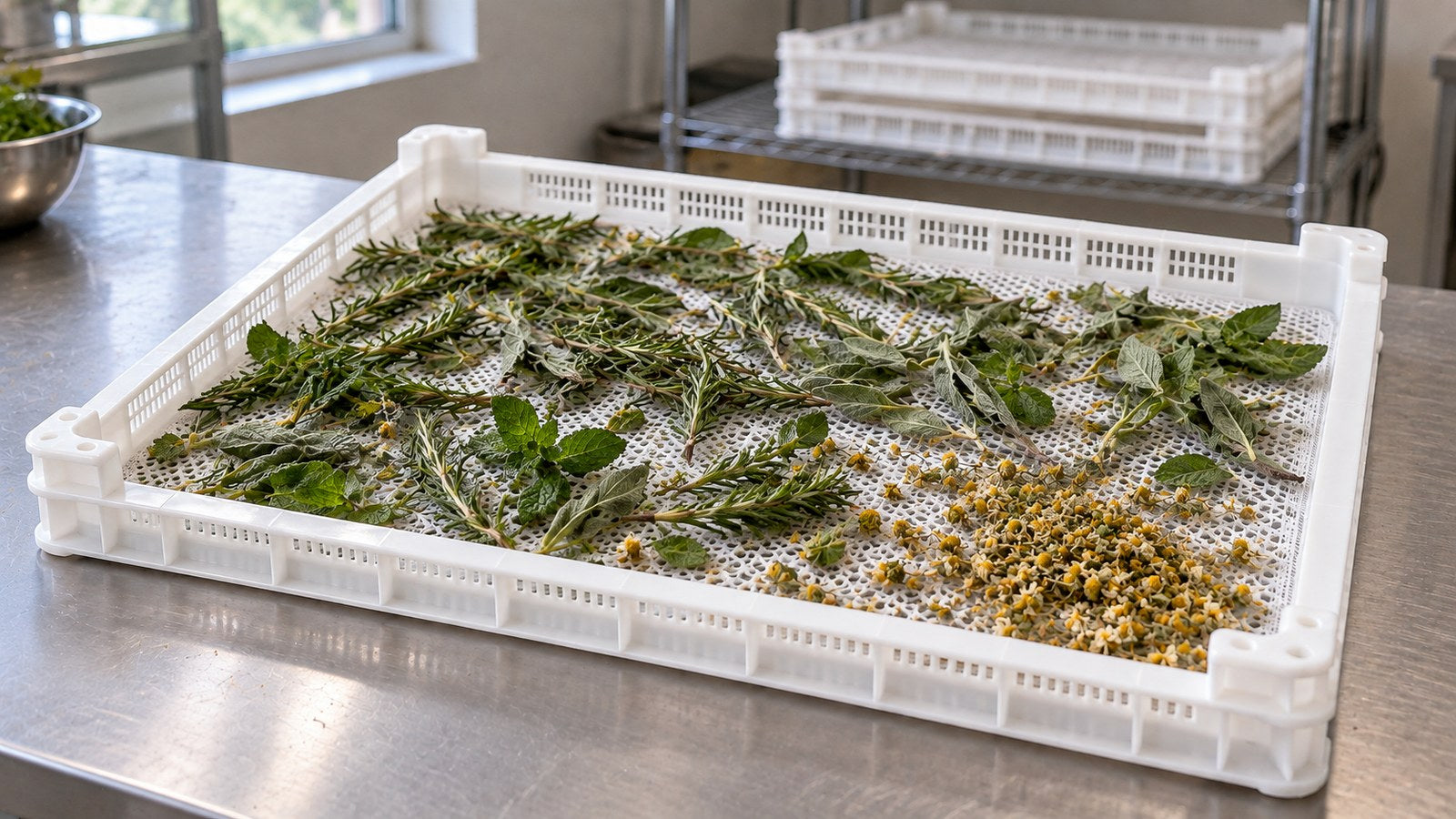 AI-generated example: Herbs and chamomile flowers spread across a mesh insert inside the tray