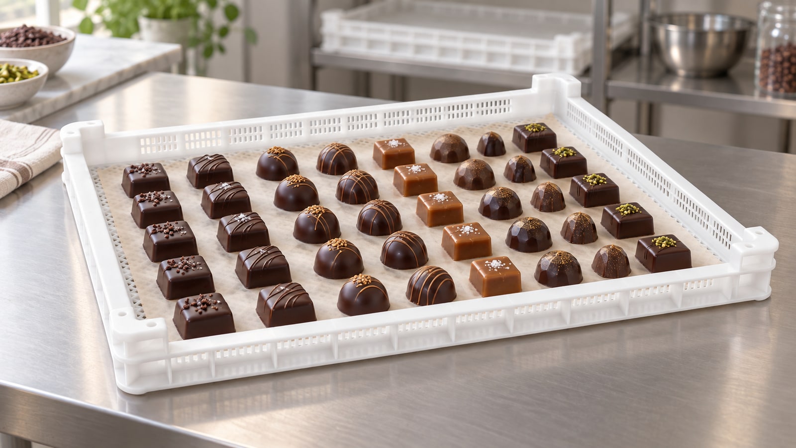 AI-generated example: Chocolate pralines and caramel squares on a liner inside the white tray