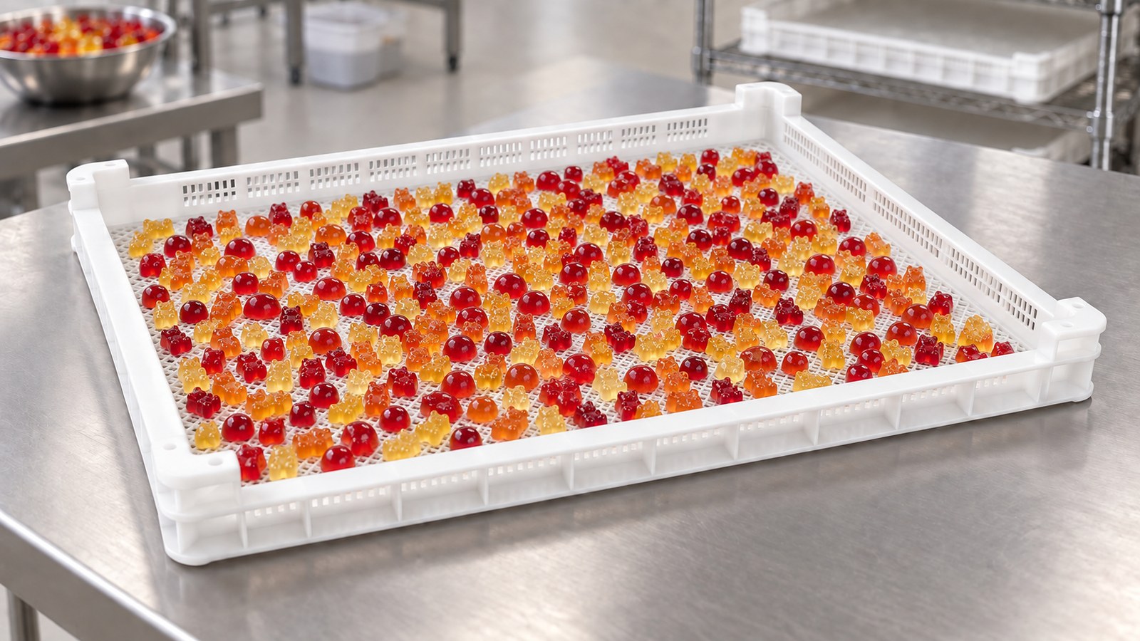 AI-generated example: Colorful gummy bears and jelly domes arranged on a mesh insert in the tray