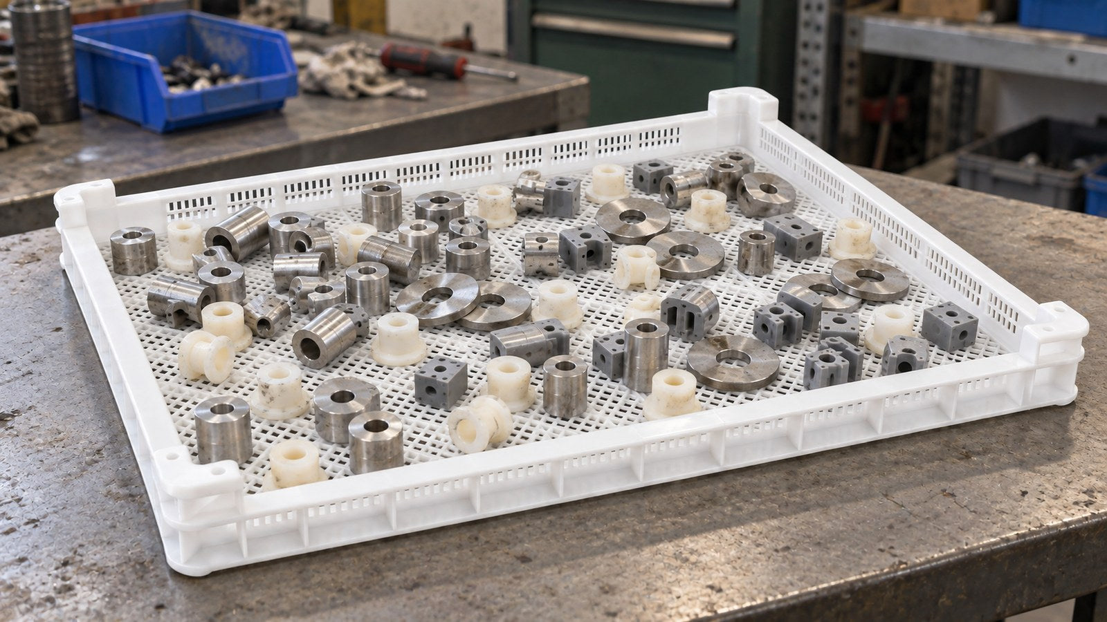 AI-generated example: Metal spacers, washers and plastic components grouped on the open tray grid