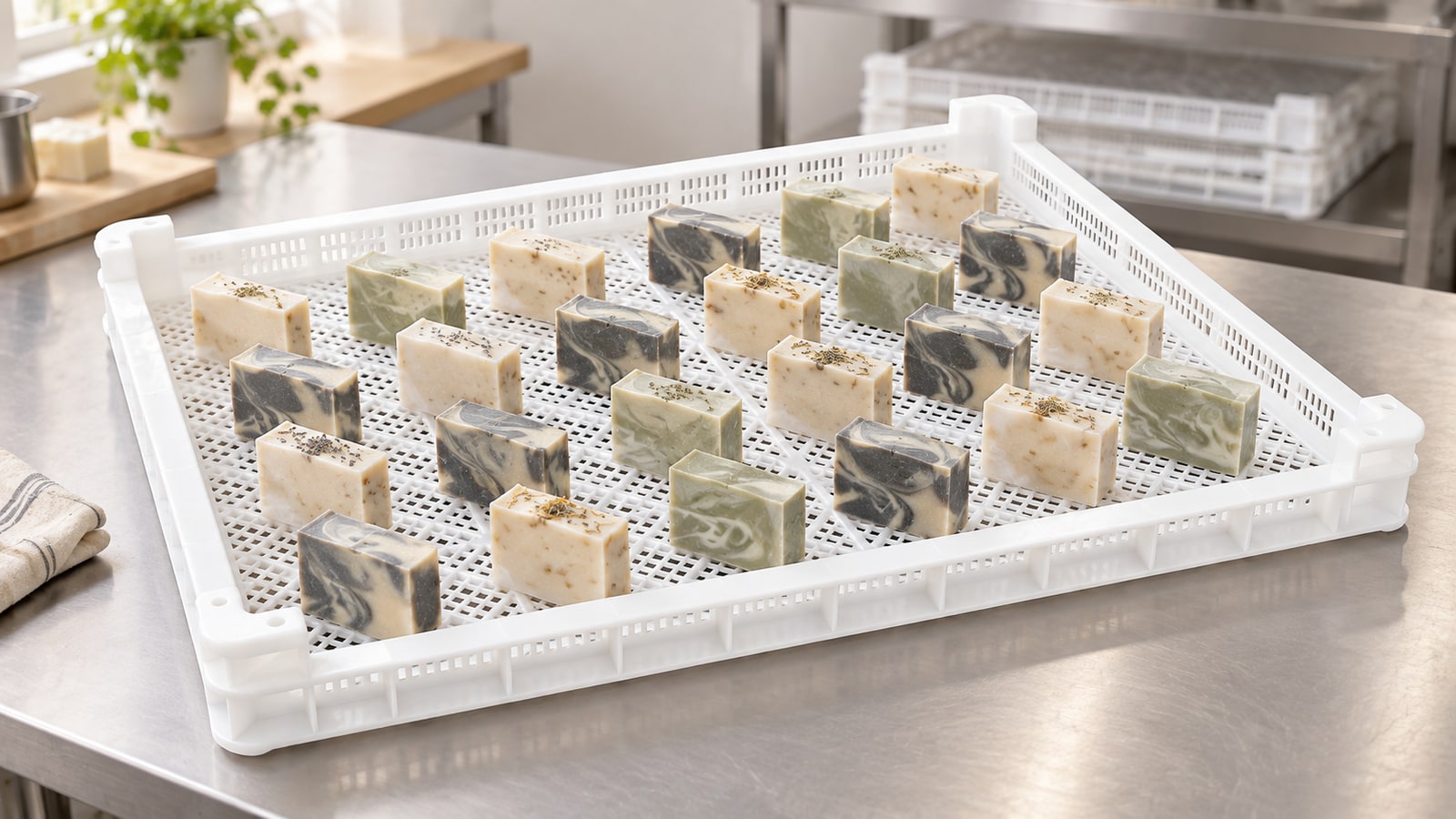 AI-generated example: Rows of cream, sage and charcoal soap bars in the white vented tray