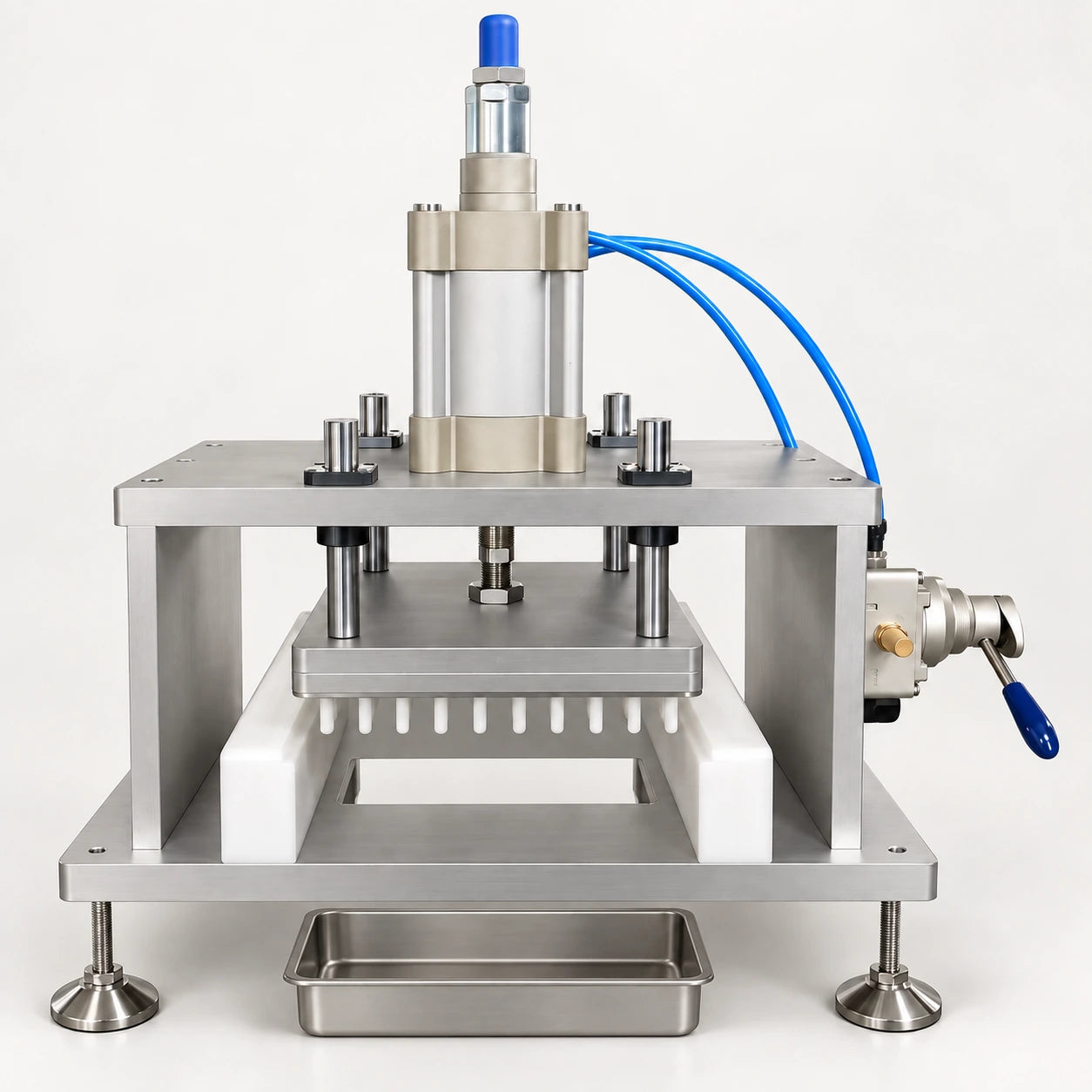 Studio visualization of the EVO-DMLD pneumatic demolder, showing air cylinder, release pins and collection tray